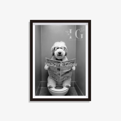 Old English Sheepdog in toilet printable with a funny dog illustration