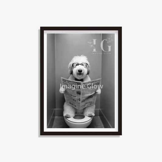 Old English Sheepdog in toilet printable with a funny dog illustration