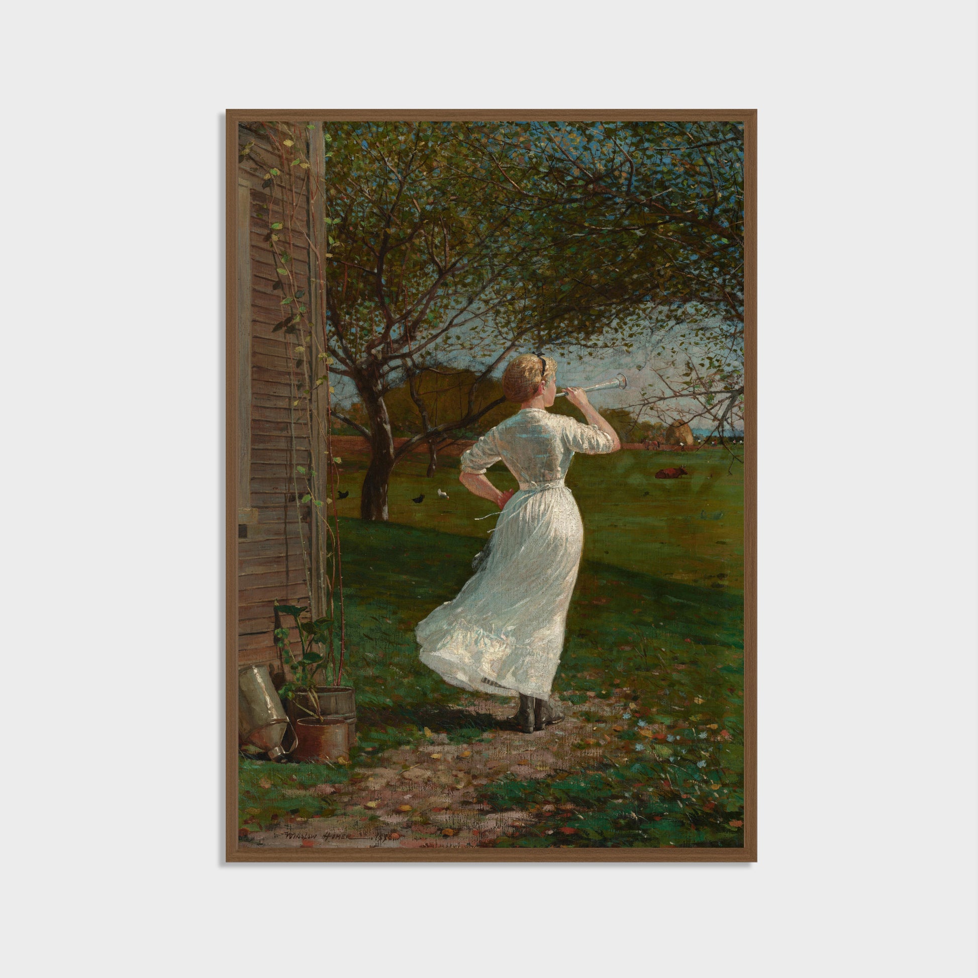 Vintage-style wall art featuring a lady with a horn in a garden