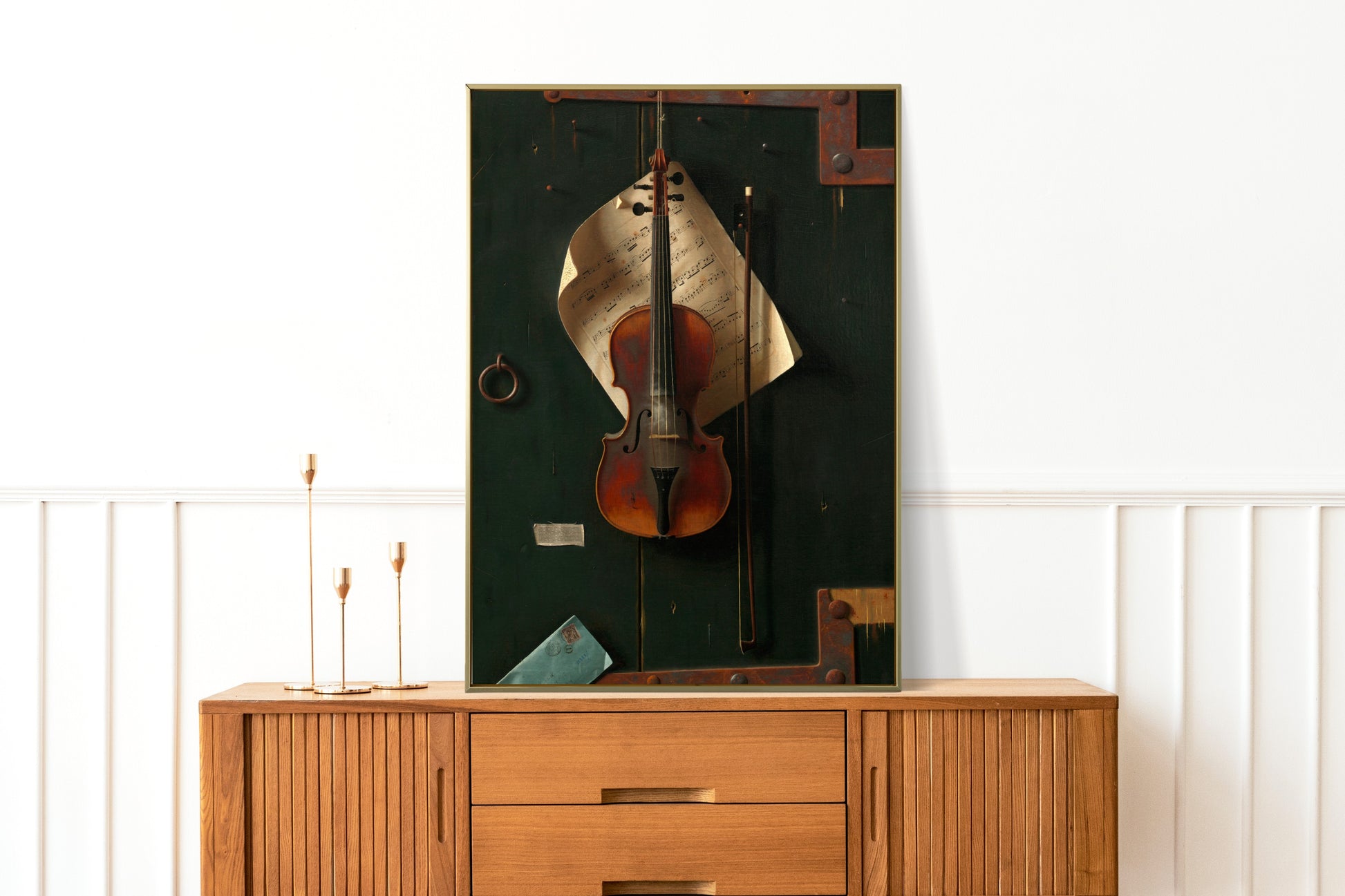 Timeless wall art featuring an old violin for musical ambiance