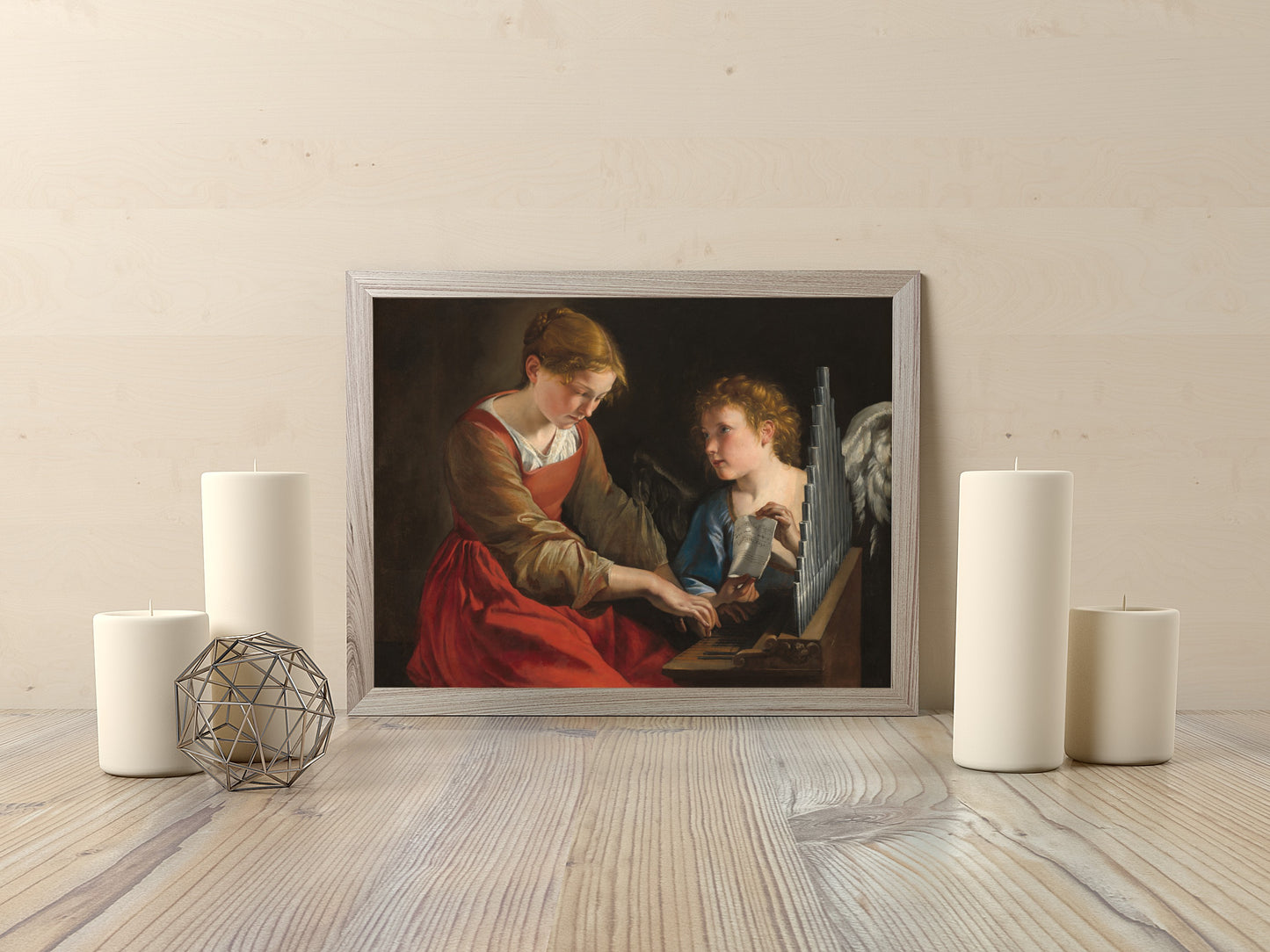 Antique-style artwork featuring Saint Cecilia and an angel