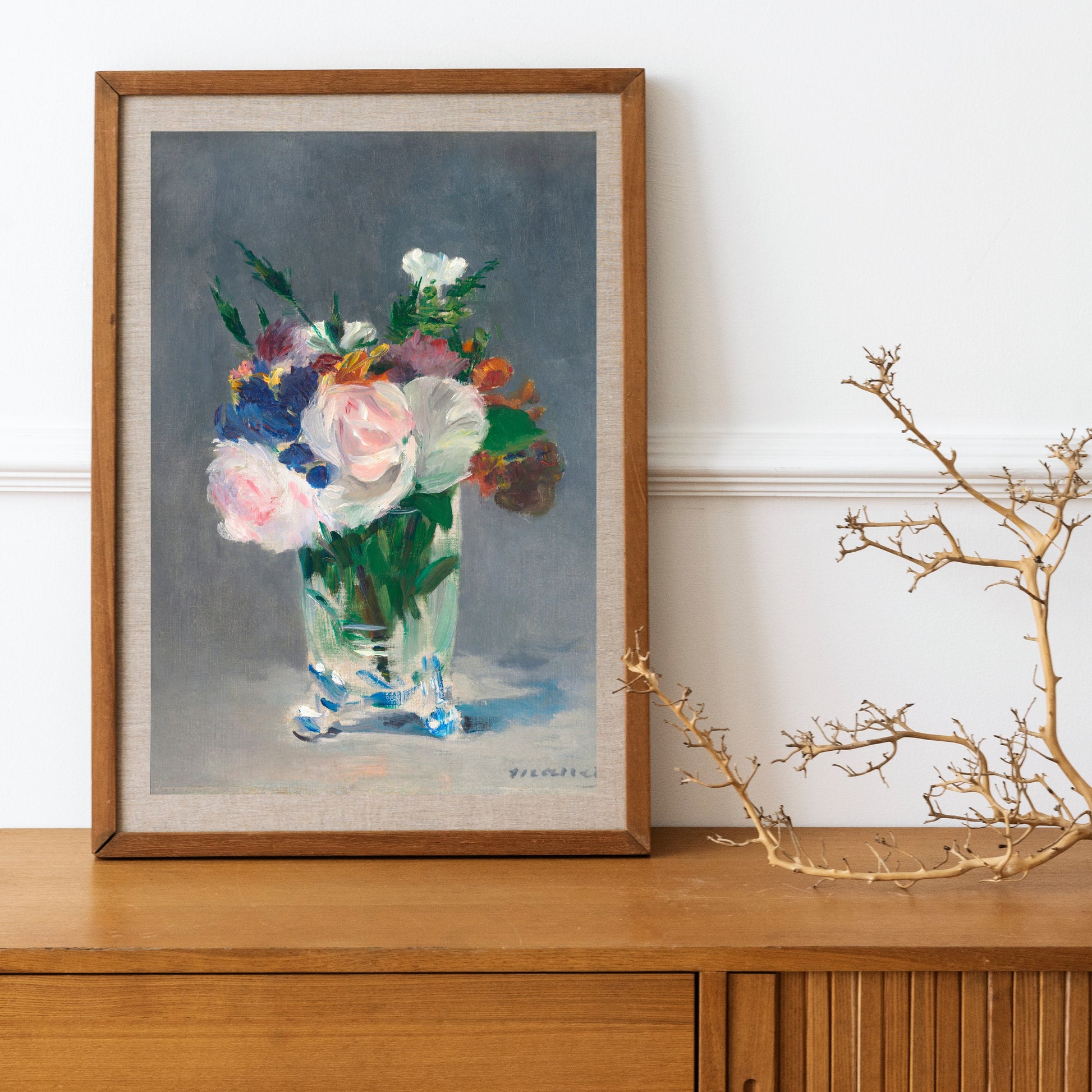 Timeless antique-style print of flowers in a vase for elegant interiors