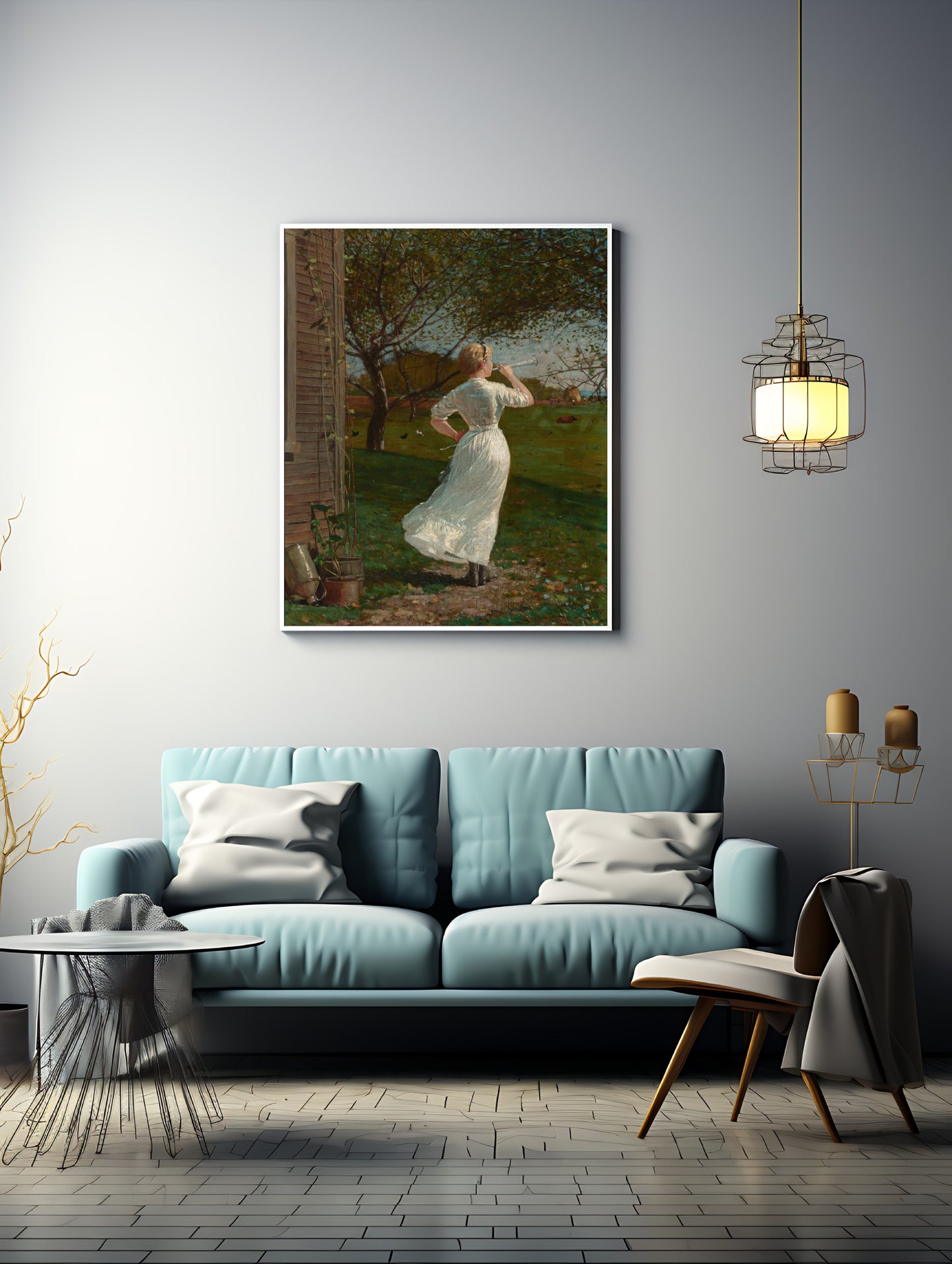 Antique-inspired artwork of a woman blowing a horn in nature