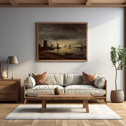 Windmill and River Scene - Printable Antique Landscape Wall Art