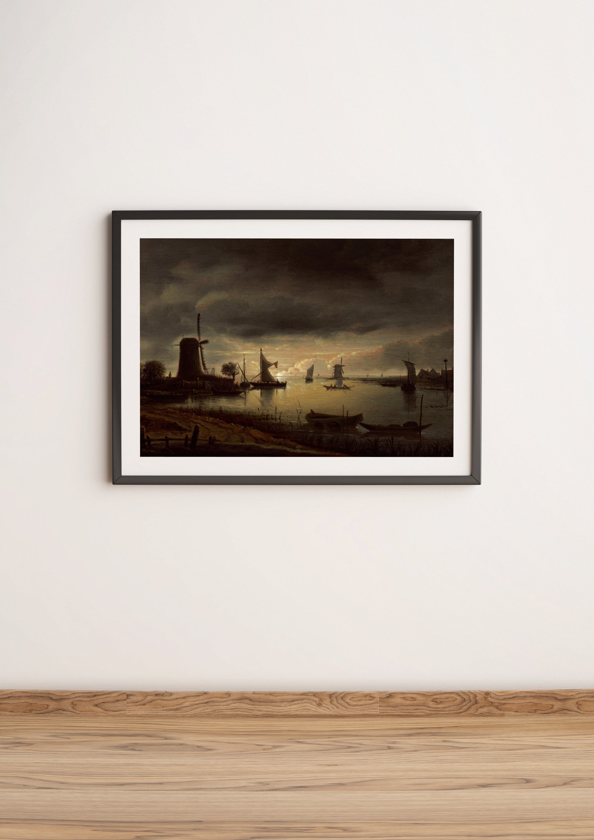 Timeless windmill and river landscape in antique style for wall decor