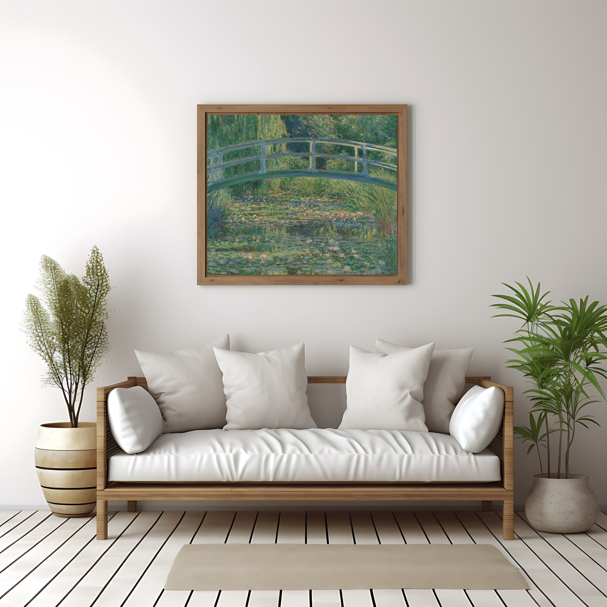 Antique-style wall art featuring a peaceful water lily pond