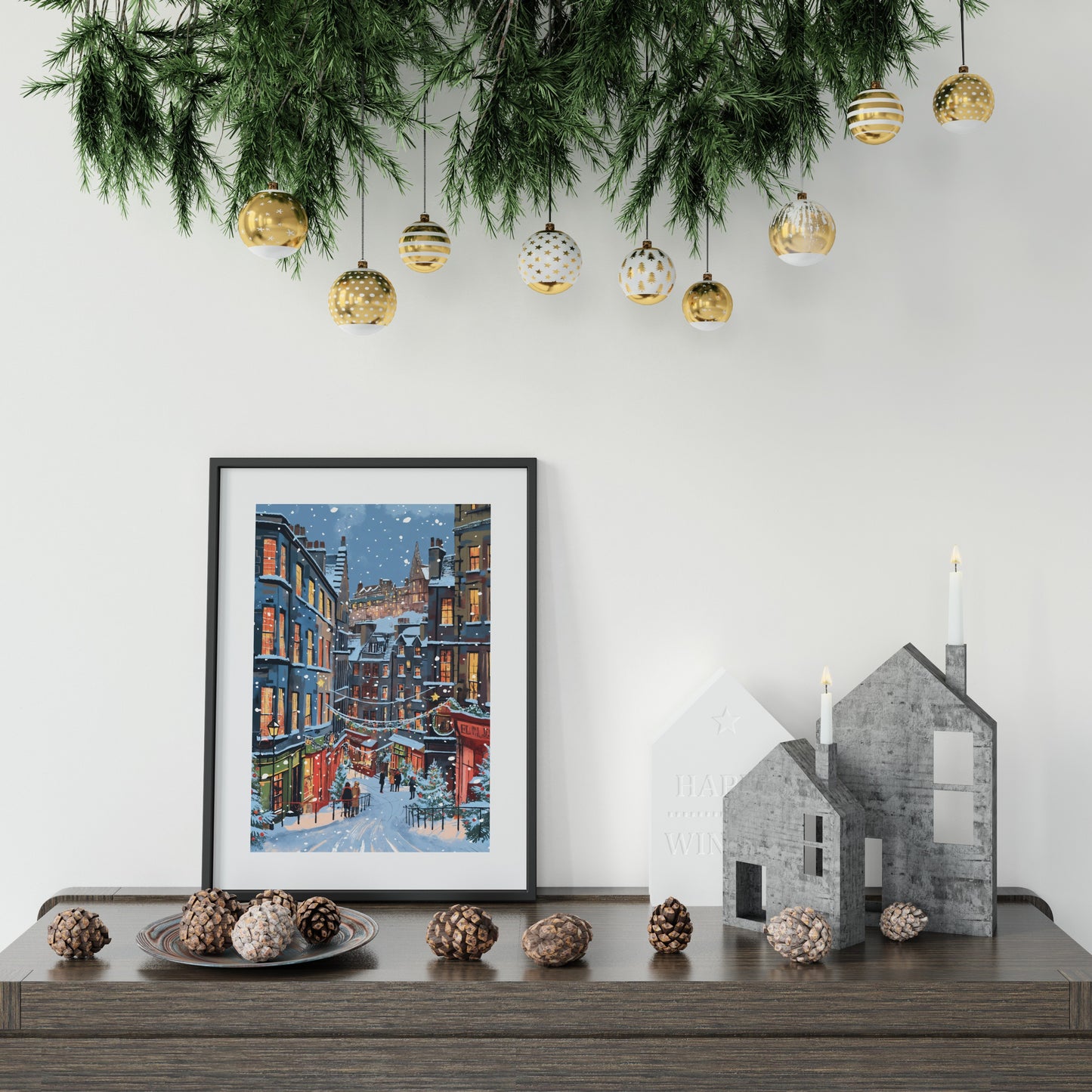 Cozy winter street scene artwork, perfect for festive home decor during the holidays.