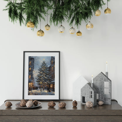 Winter street scene with holiday lights and decor, ideal for Christmas home styling.