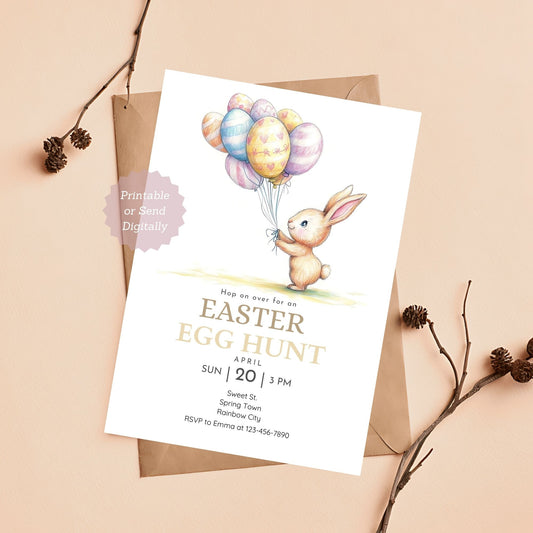 Bunny with balloons Easter brunch and egg hunt invitation.
