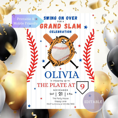 Personalized Baseball Birthday Invitation Template - Printable & Digital Invite for All Ages - Easy to Edit in Canva