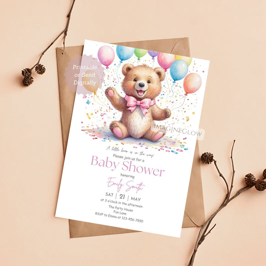 Pink woodland theme baby shower bear invite
Digital baby shower card with bear for girl
