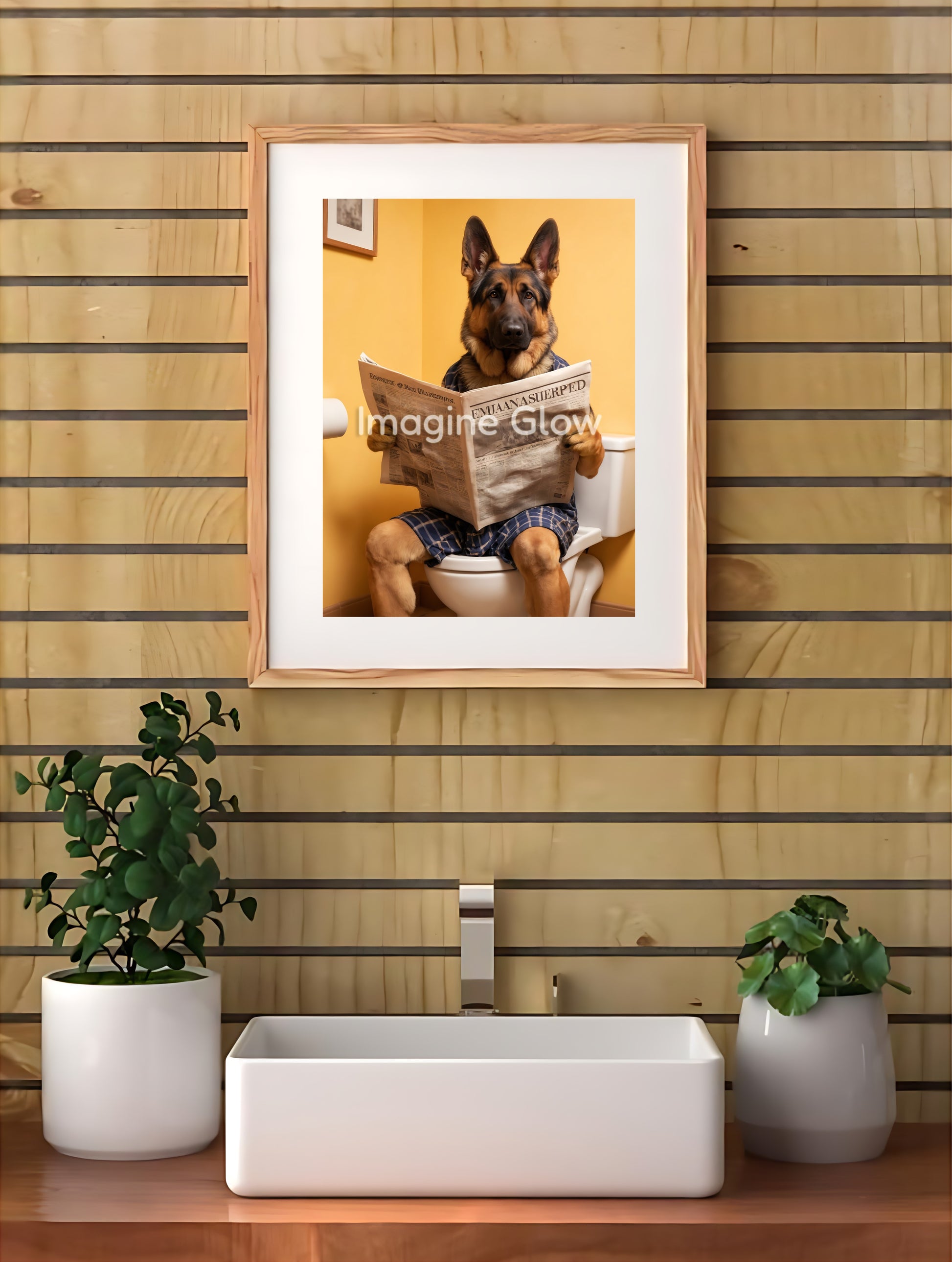 Playful German Shepherd dog artwork for home bathroom.