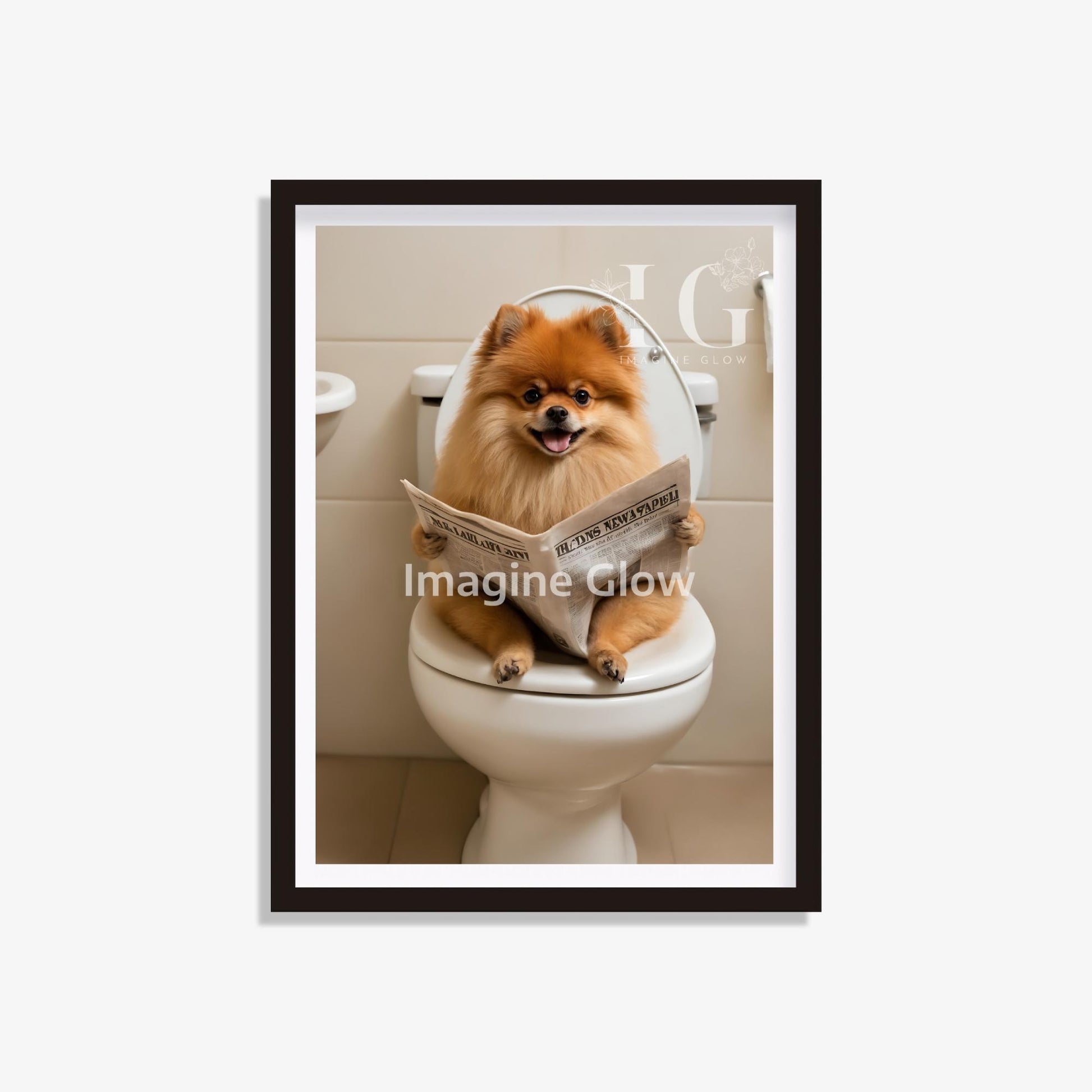 Pomeranian in Toilet Reading Newspaper - Printable Funny Wall Decor