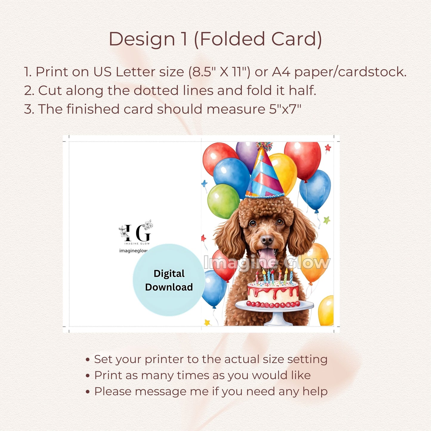 Poodle-themed printable birthday card for dog lovers.