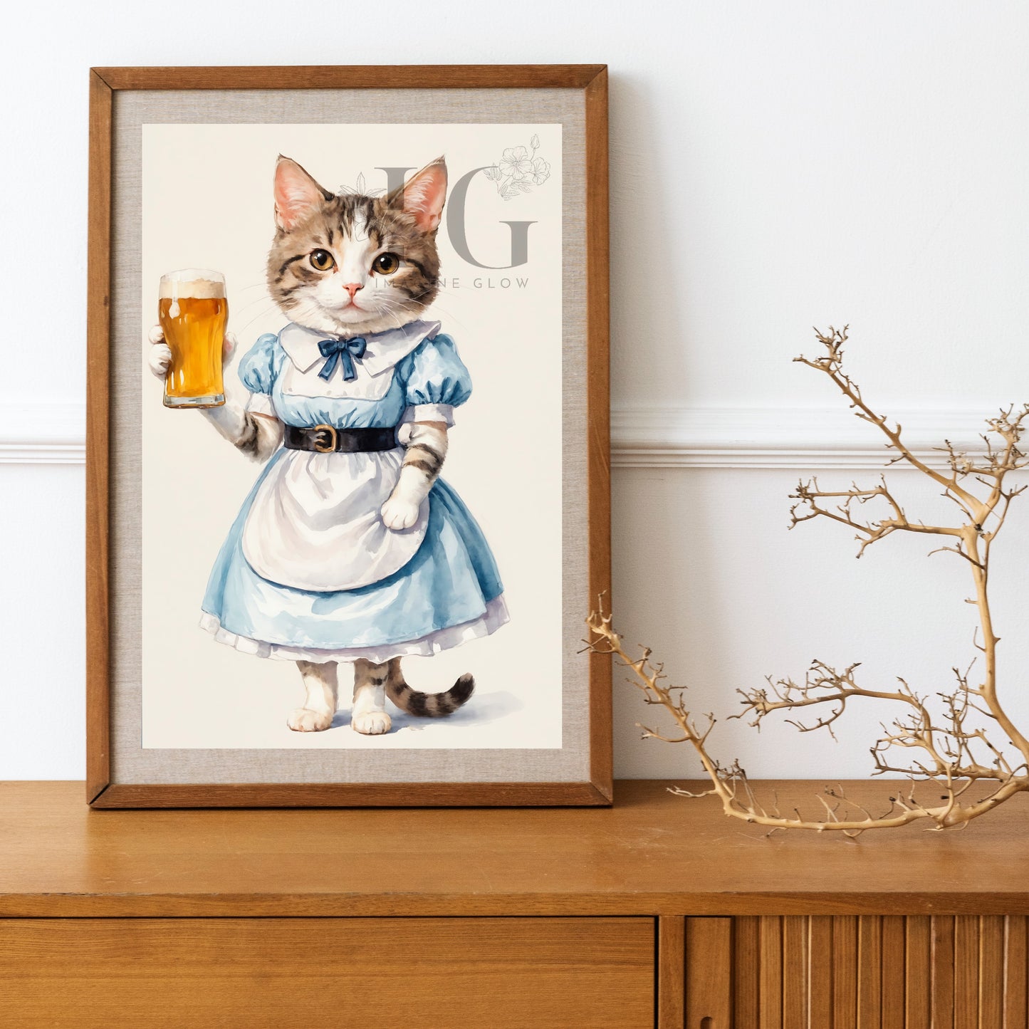 Playful cat beer art print designed to bring a fun and lighthearted vibe to any room.