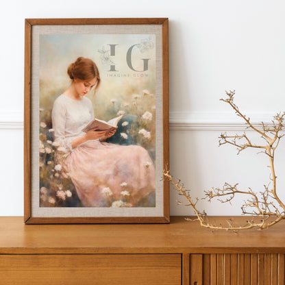 Vintage-inspired art of woman in wildflower meadow with book