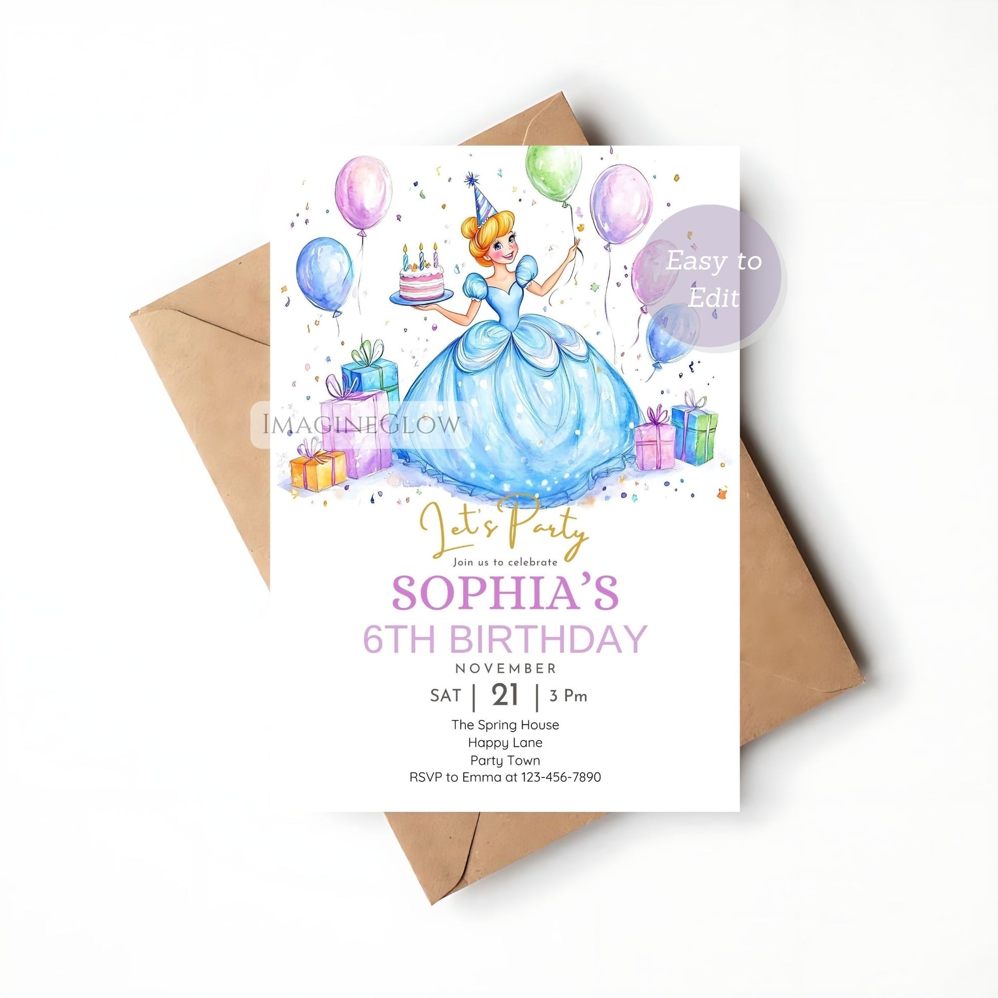 Blue Cinderella invitation for girls
