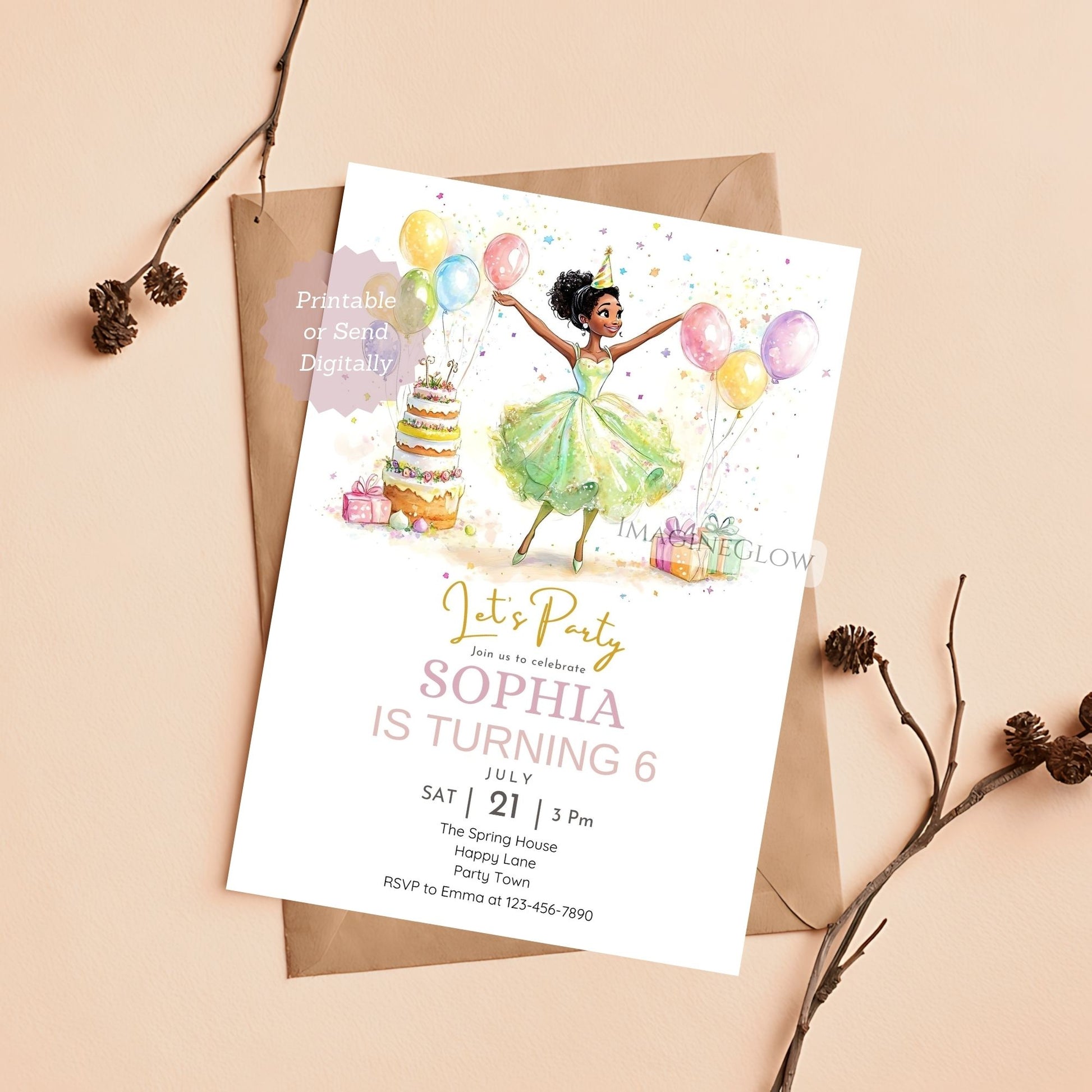 Tiana party invite for girls
