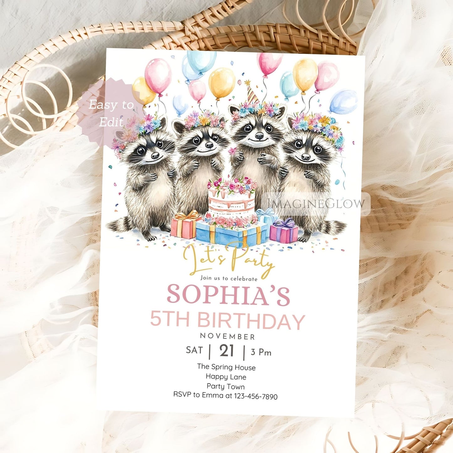 Woodland animal birthday invitation
Raccoon party invite forest animal design
