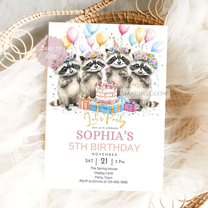 Woodland animal birthday invitation
Raccoon party invite forest animal design
