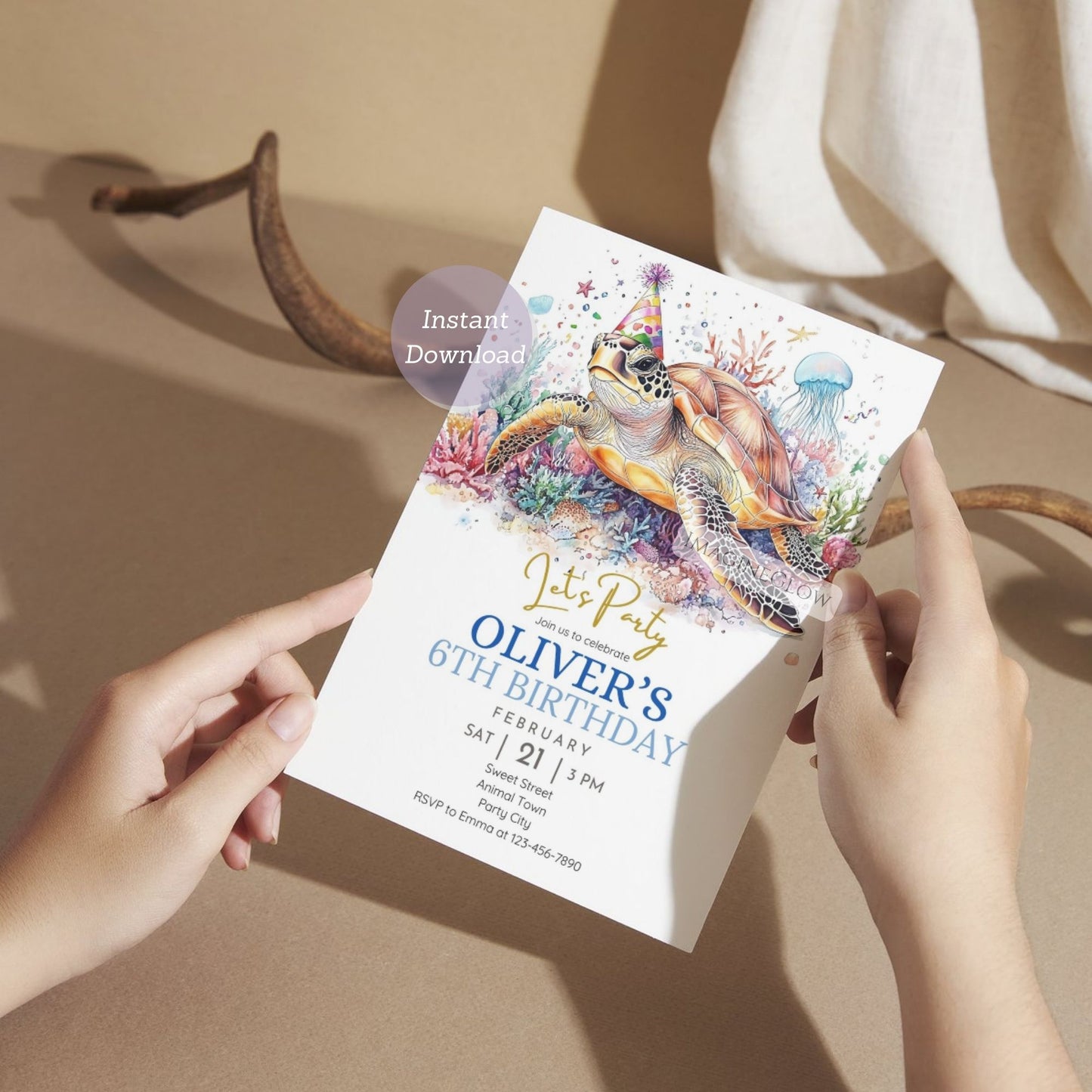 Turtle and bubbles birthday invitation design
