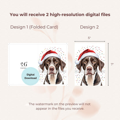 Printable Christmas card featuring a German Shorthaired Pointer dog in a festive design.