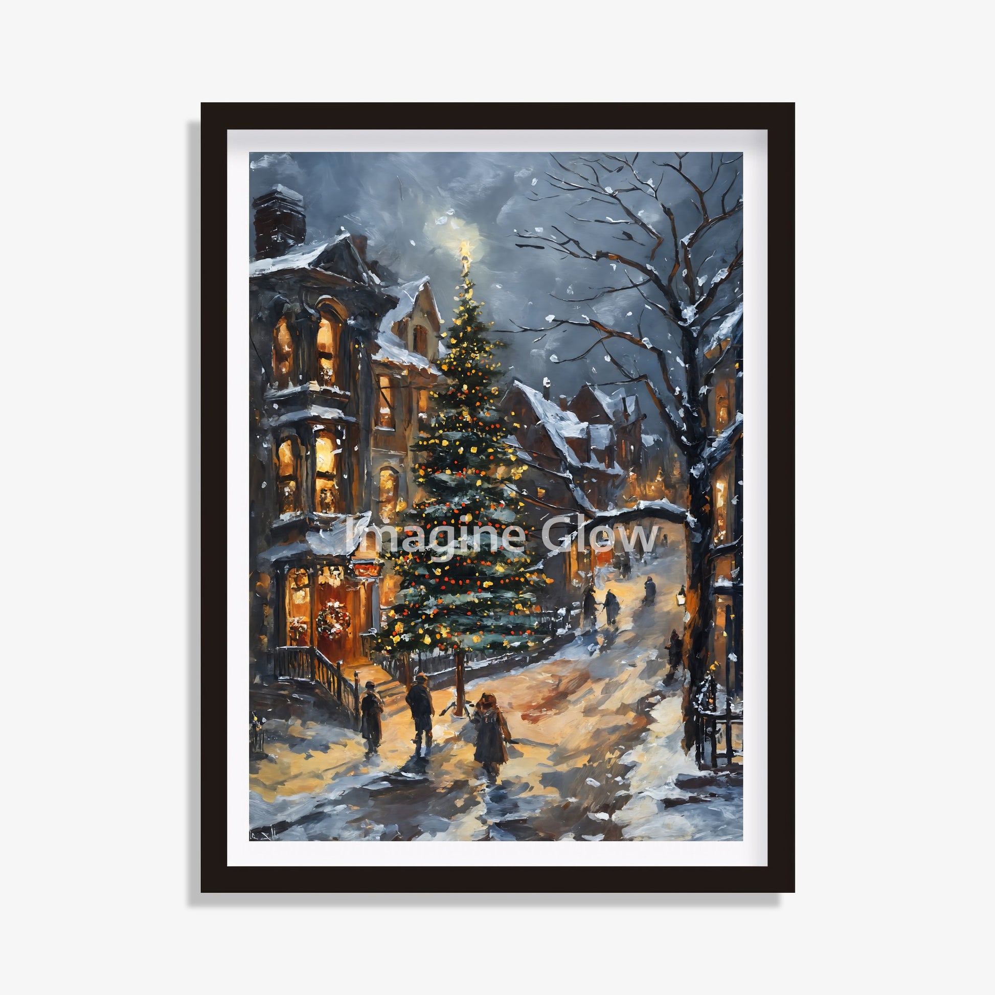 Printable Christmas street scene of an Old American Town for Dark Academia aesthetics.