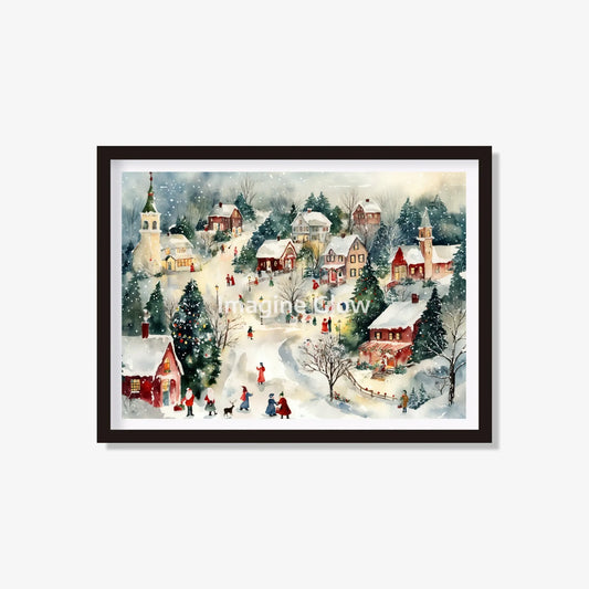Printable Christmas village scene with snow and festive lights for wall décor