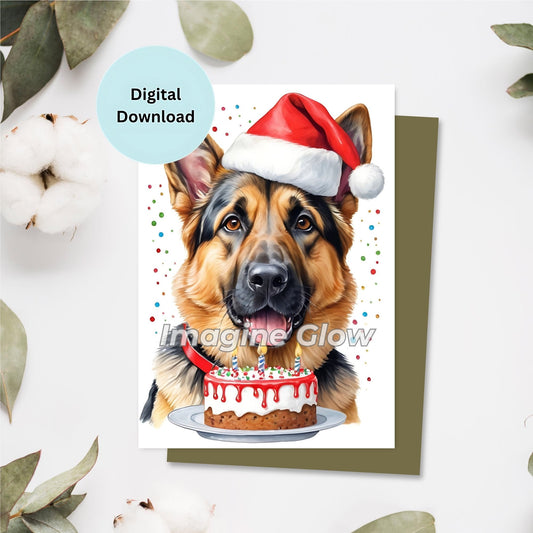 Printable German Shepherd Dog Christmas Card for pet lovers.