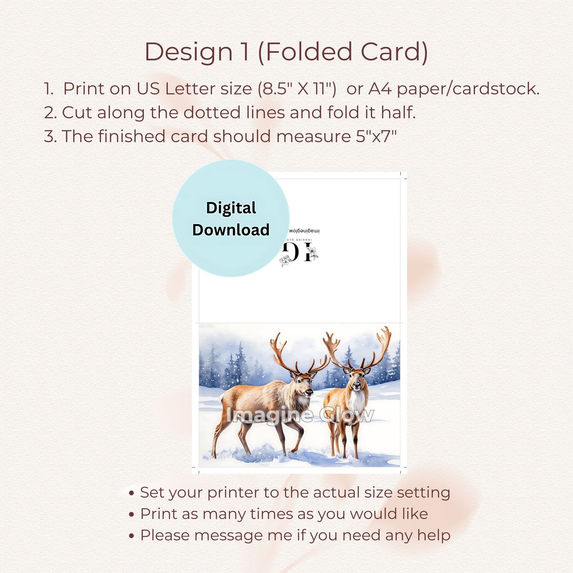 Printable Holiday Card with Reindeer Illustration