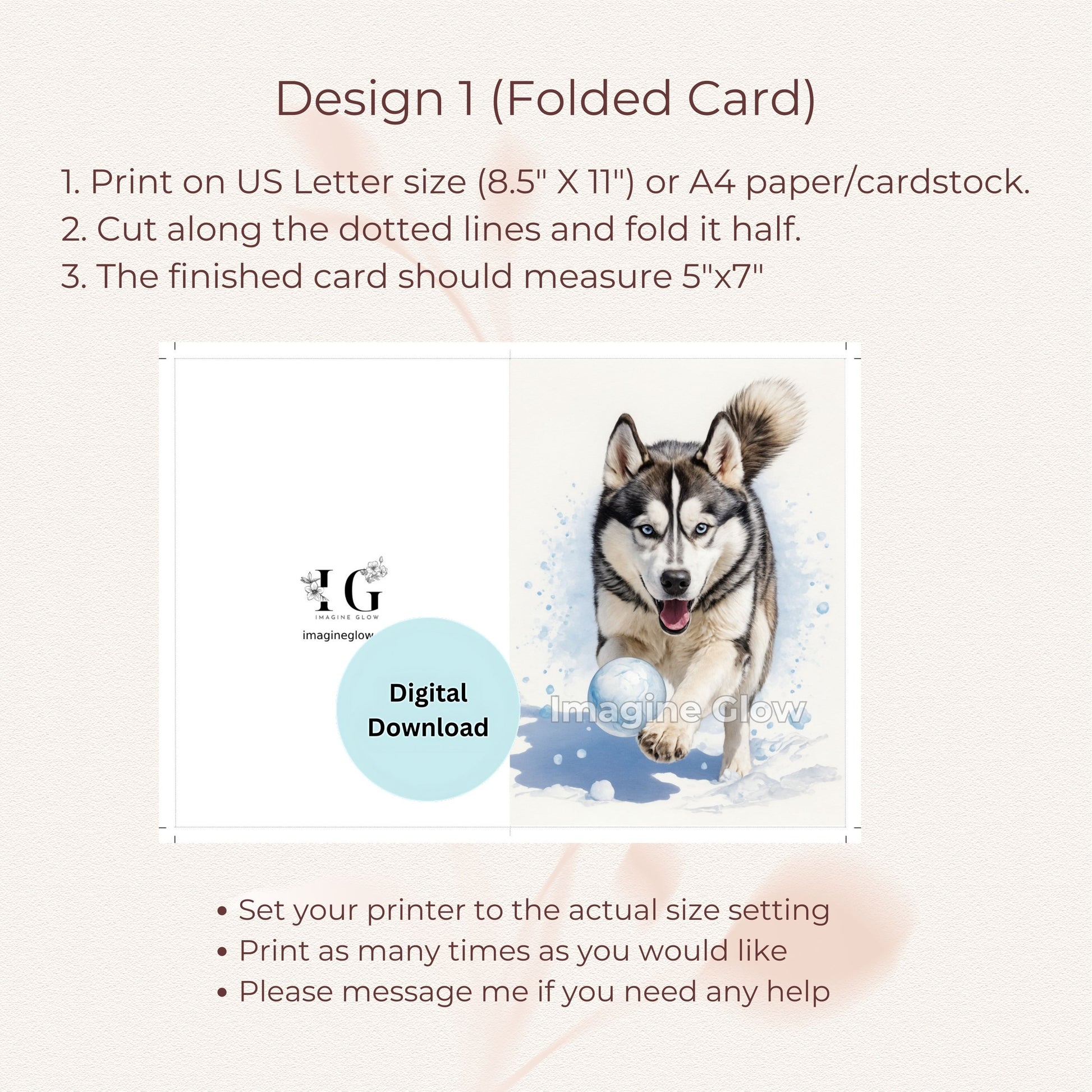 Printable Husky Winter Christmas Card
