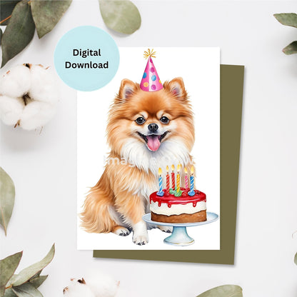 Printable Pomeranian Dog Birthday Card for dog lovers.