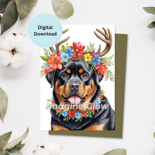 Printable Rottweiler Christmas card for dog lovers.