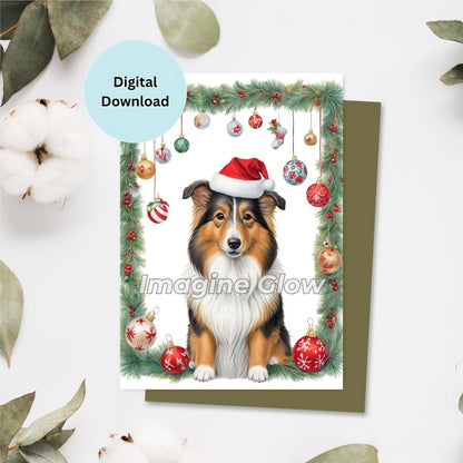 Printable Rough Collie Dog Christmas Card for dog lovers.