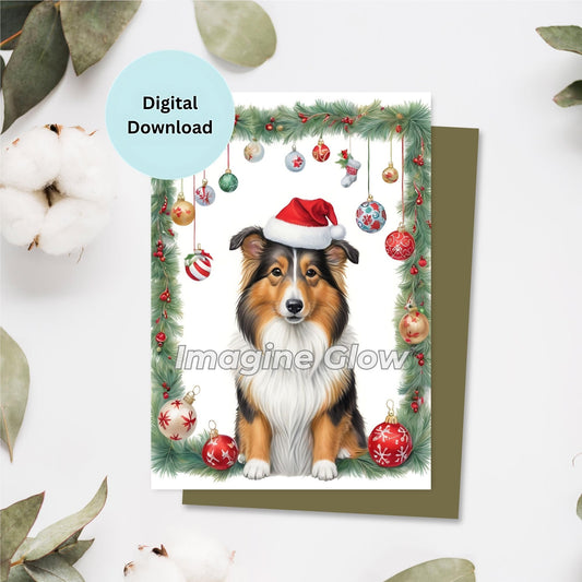 Printable Rough Collie Dog Christmas Card for dog lovers.