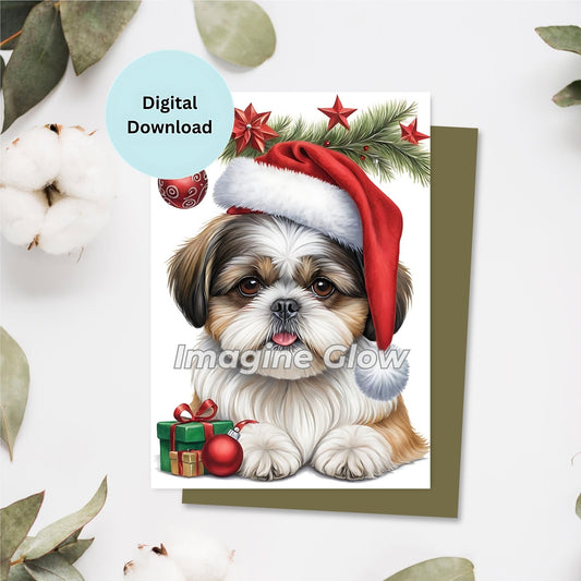 Printable Shih Tzu dog Christmas card for holiday greetings.