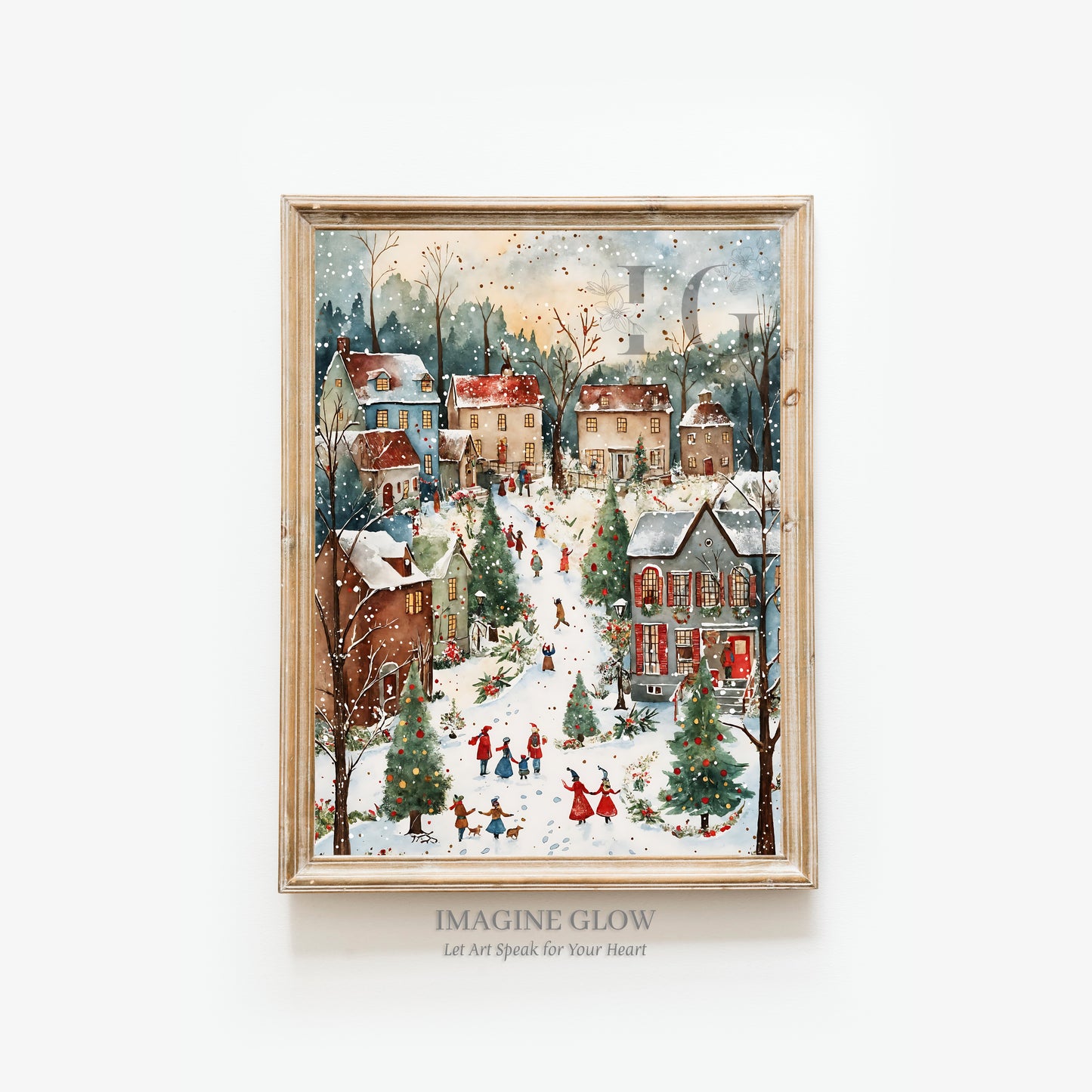 Printable Snowy Christmas Village Art Print for winter wall decor.