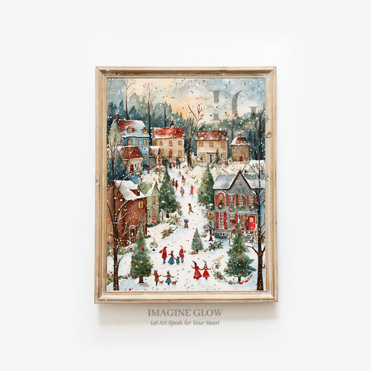 Printable Snowy Christmas Village Art Print for winter wall decor.