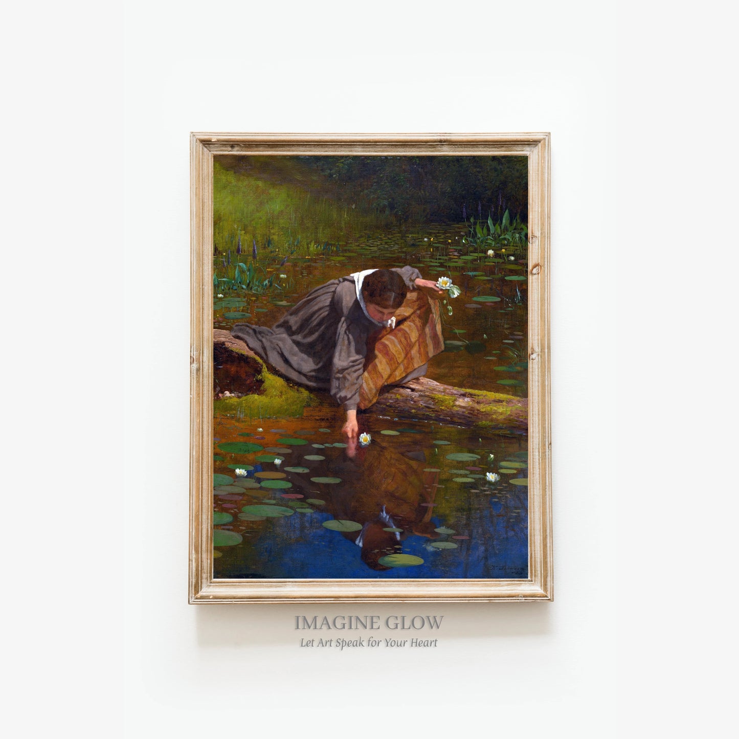 Printable antique art of a girl gathering lilies for wall décor