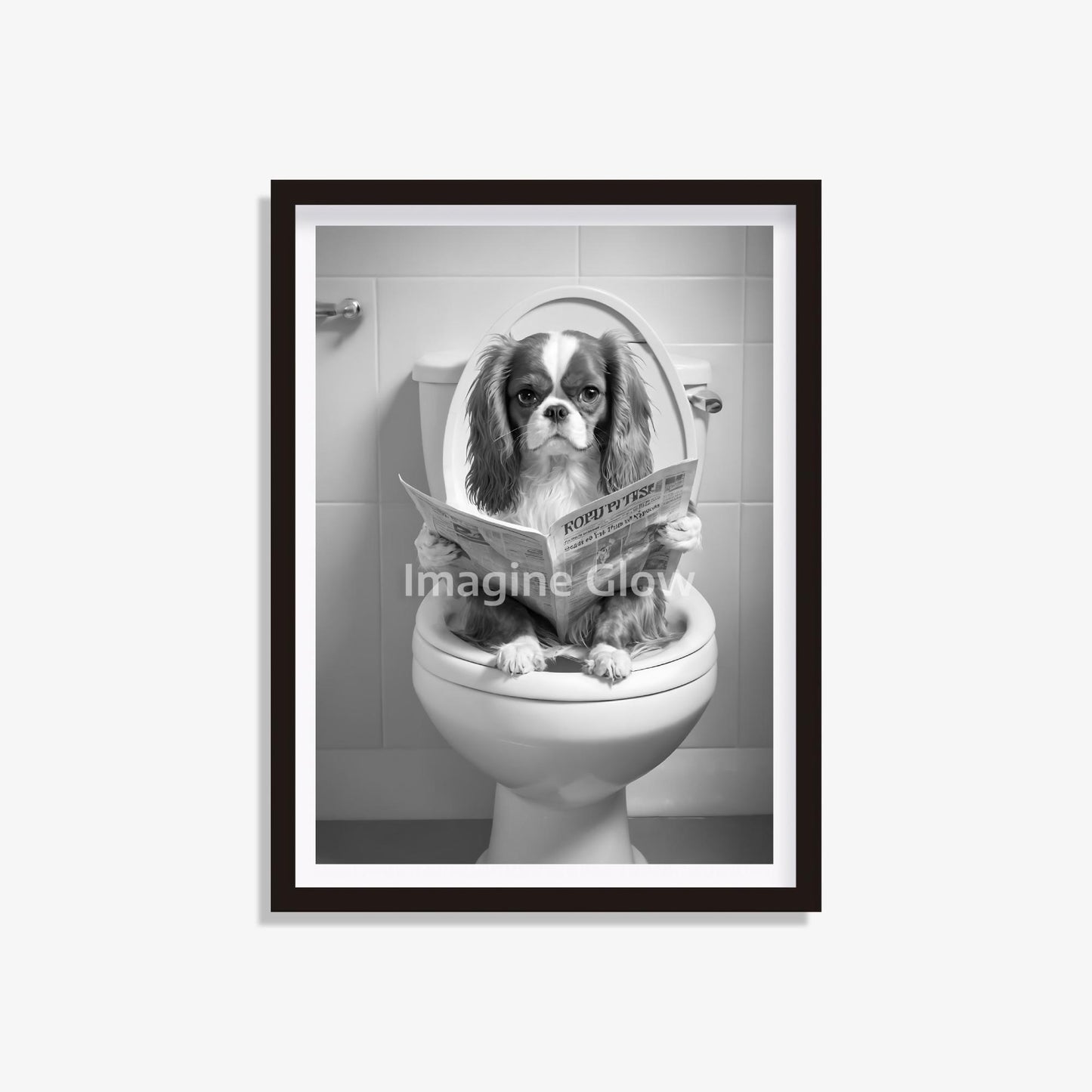 Printable art of a Cavalier King Charles Spaniel in the toilet, perfect for bathroom decor.