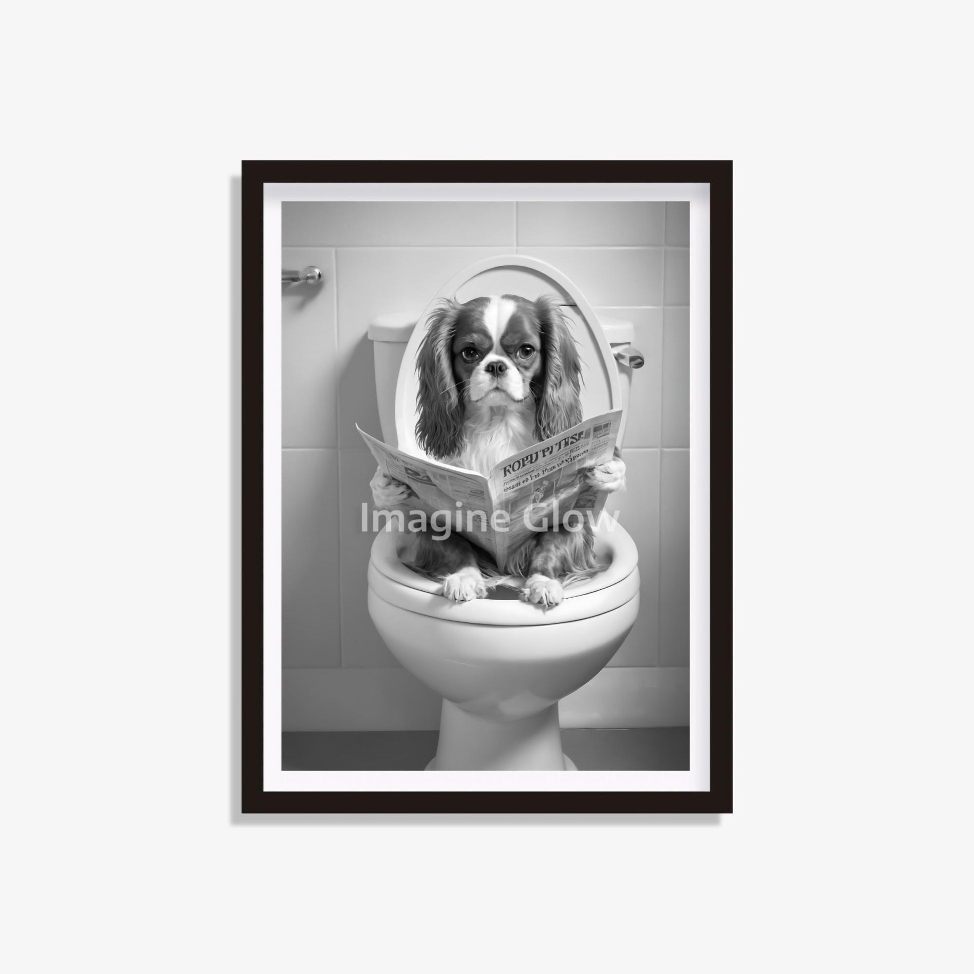 Printable art of a Cavalier King Charles Spaniel in the toilet, perfect for bathroom decor.