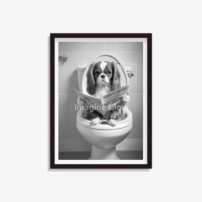 Printable art of a Cavalier King Charles Spaniel in the toilet, perfect for bathroom decor.