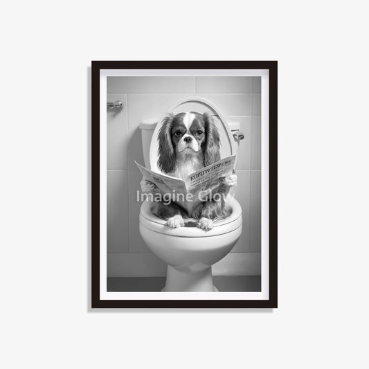 Printable art of a Cavalier King Charles Spaniel in the toilet, perfect for bathroom decor.