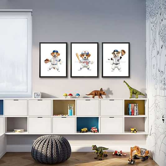 Set of 3 printable baseball-themed dog art for nursery wall decor.