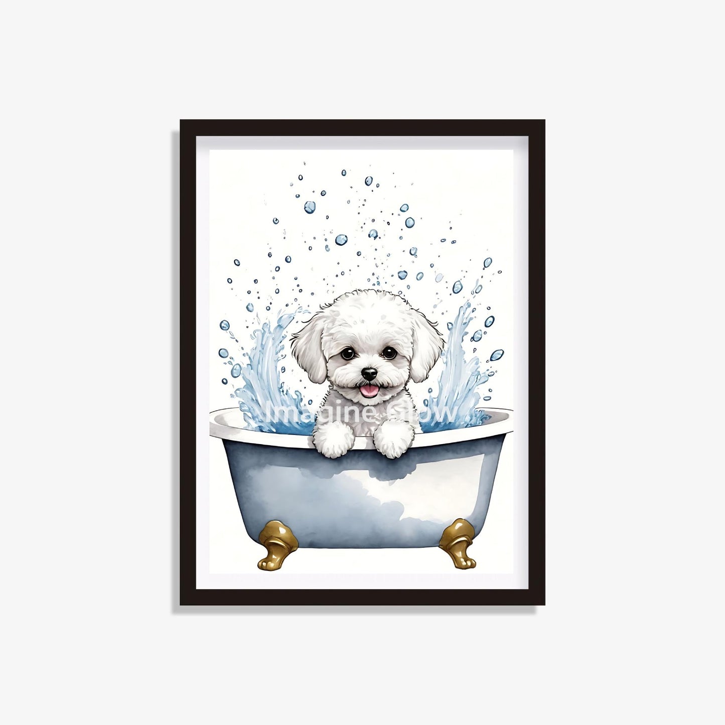Printable bathroom wall art featuring a Bichon Frise dog in the bathtub.