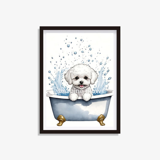 Printable bathroom wall art featuring a Bichon Frise dog in the bathtub.