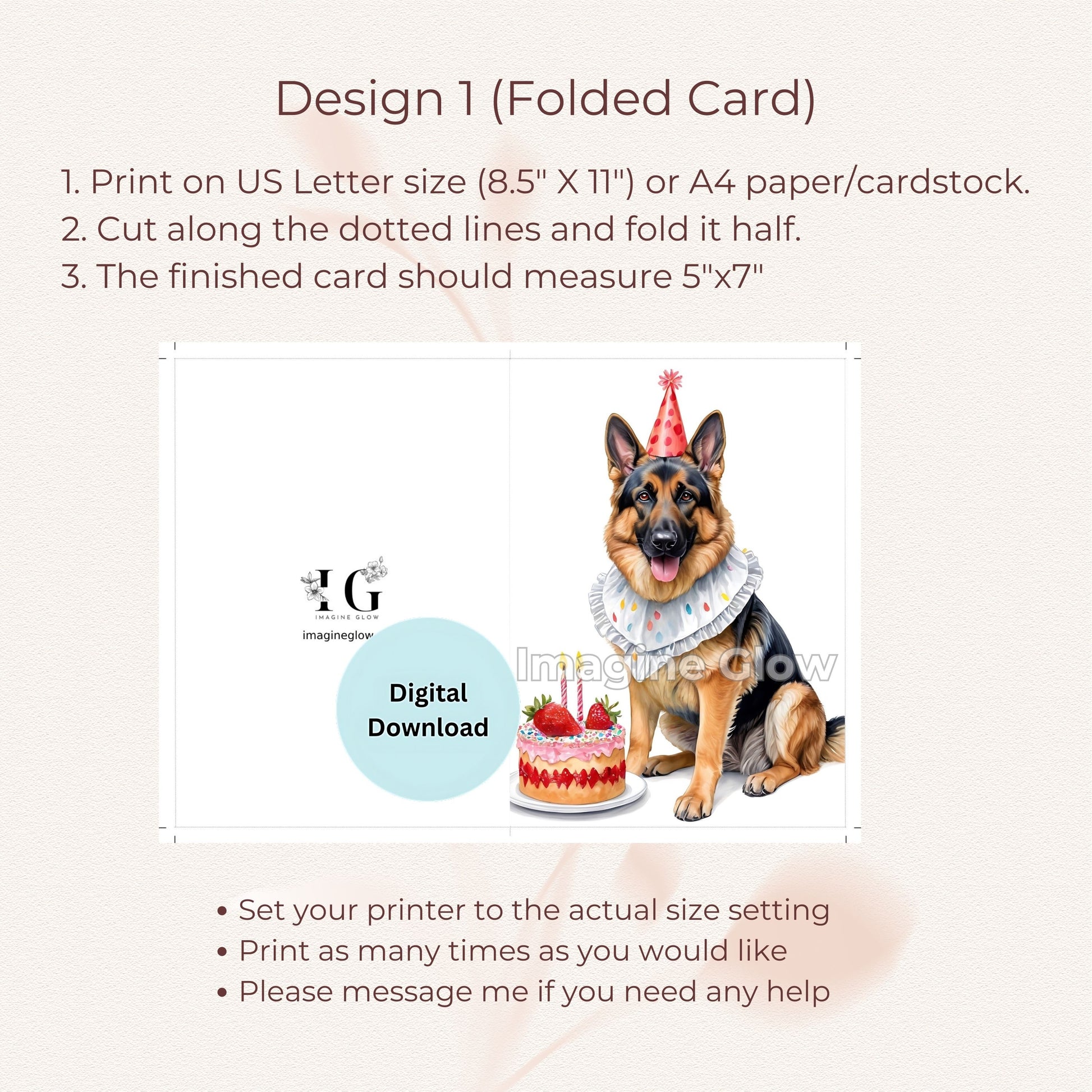 Printable birthday card featuring a German Shepherd dog for dog lovers.