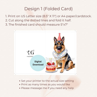 Printable birthday card featuring a German Shepherd dog for dog lovers.