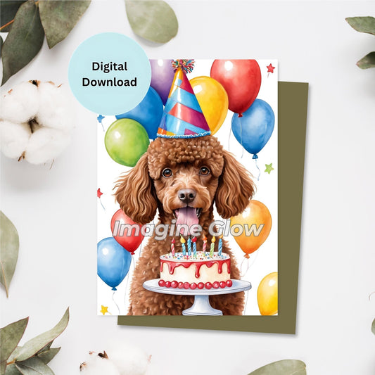 Printable birthday card featuring a cute Poodle dog.