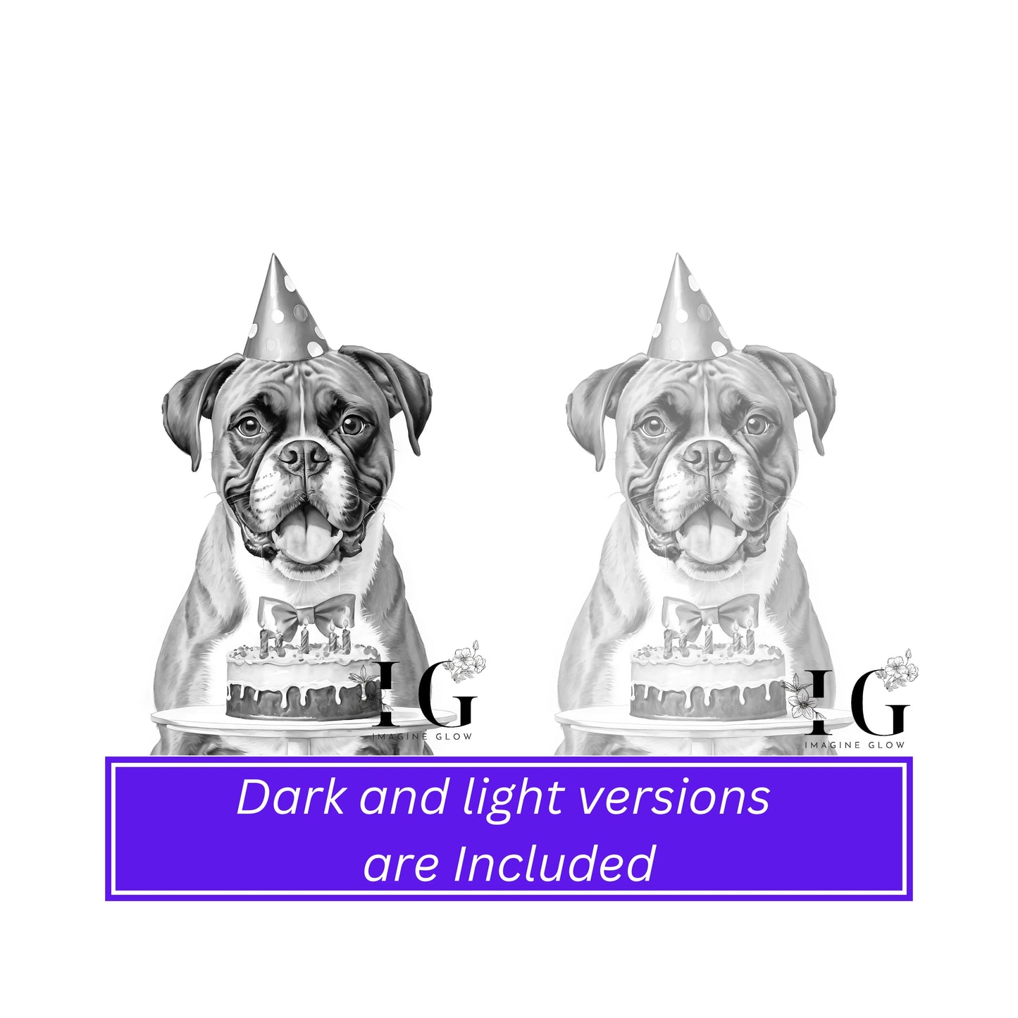 Printable coloring pages with 28 unique birthday dog illustrations